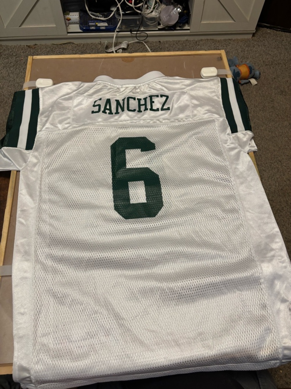 Reebok White and Green Sanchez #6 Football Jersey